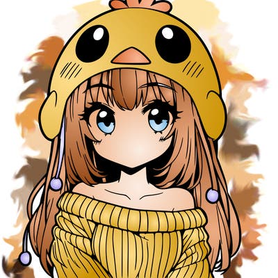 anime girl with chick shaped hat with sweater with bare shoulders with bangs covering them one eye with low tail