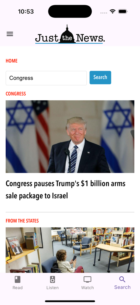 Just the News App - The Just the News app home screen showing a news article about Congress and Donald Trump