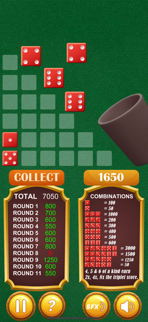 10000 Dice game Pro - Gameplay screen of 10000 Dice game Pro showing red dice and scoring combinations