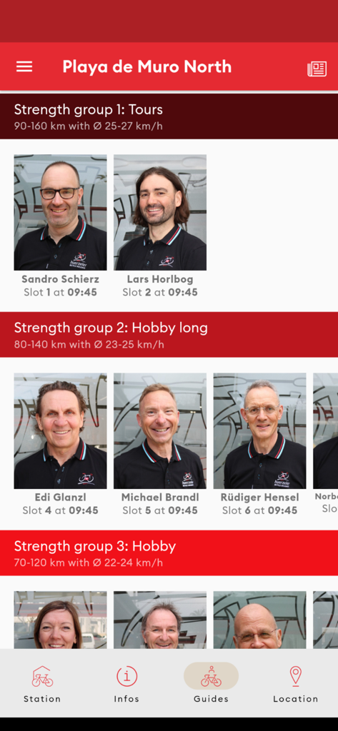 Huerzeler - Huerzeler app interface showing cycling guides categorized by strength levels for group tours.