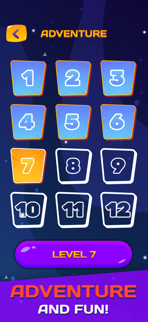 Block Blaster: Puzzle Games - Adventure Mode level selection screen for Block Blaster space puzzle game showing levels one through twelve.
