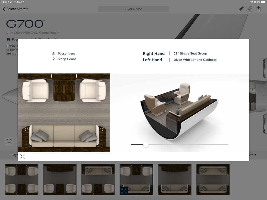 Gulfstream Cabin Layout - 2D and 3D visualization of a customized Gulfstream G700 aircraft cabin interior layout