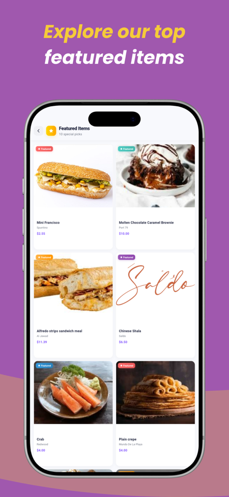 Tela do aplicativo móvel Quicky-Services mostrando um menu dos principais itens de comida e sobremesas em destaque