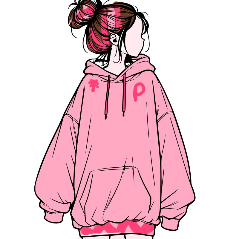 realistic girl with a oversized sweatshirt on and a bun
