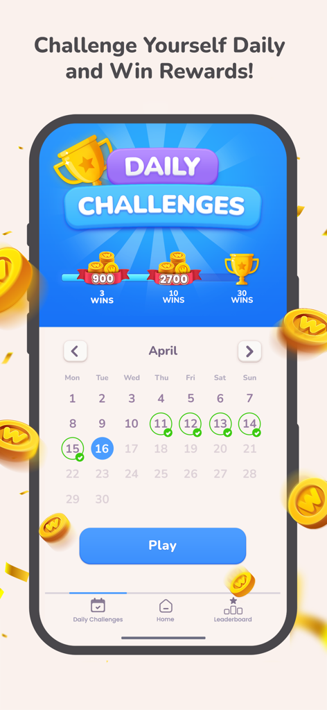 Daily challenges and rewards screen in the Word Weaver association game