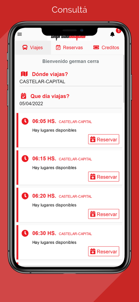 Expreso Castelar - Interfaz móvil de la aplicación Expreso Castelar que muestra los horarios disponibles de los viajes en autobús y los botones de reserva para los viajeros.