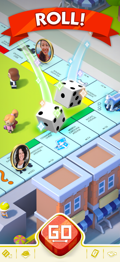 ダイスが転がり、プレイヤーアイコンが表示された3Dモノポリーゴーゲームボード。