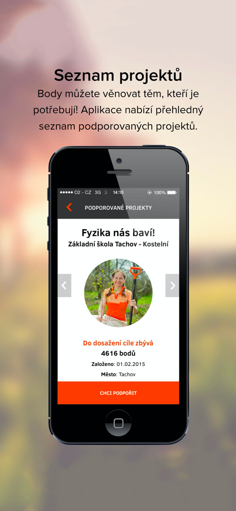 EPP – Pomáhej pohybem - A smartphone displaying the EPP app project list where users donate points to local causes