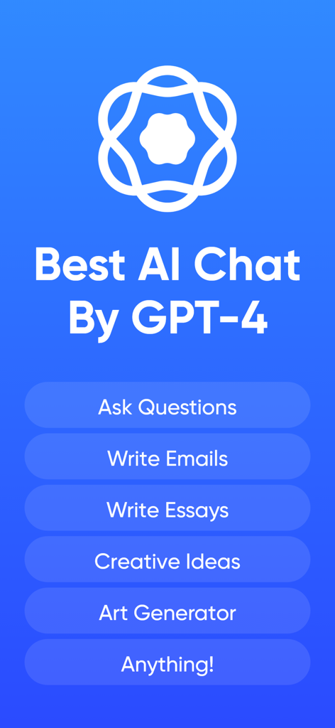 Chat AI & Generator - Main screen of Chat AI and Generator app showcasing features like writing emails, essays, and art generation