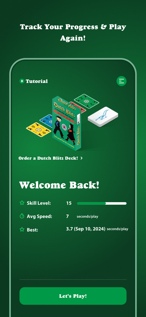 Dutch Blitz - Card Game - The Dutch Blitz app welcome screen showing player skill level and average speed stats