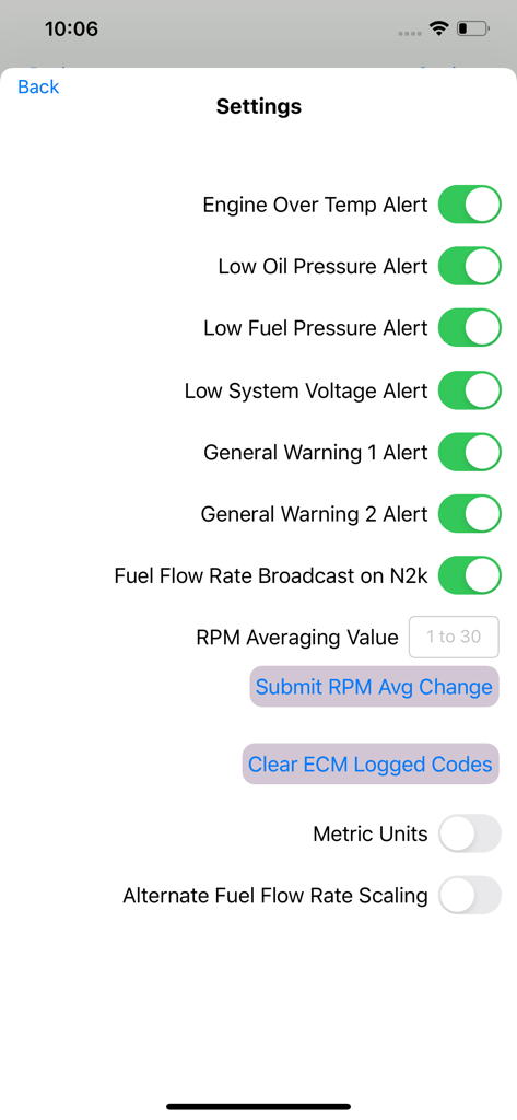 Fox Marine - Settings screen of the Fox Marine app showing engine alert toggles and diagnostic tools