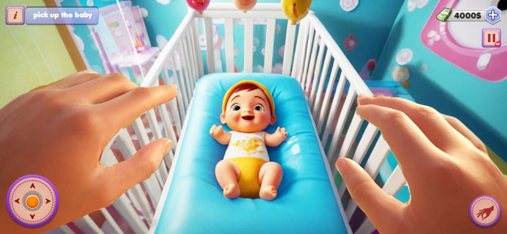 Pregnant Mom Family Life 3D - Vista en primera persona de una madre virtual cogiendo a un bebé sonriente de una cuna.