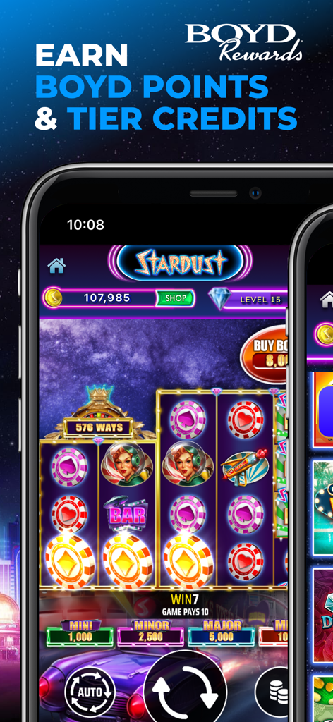 Stardust Social Casino app on a smartphone showing a retro space themed slot machine game and Boyd Rewards loyalty points promotion