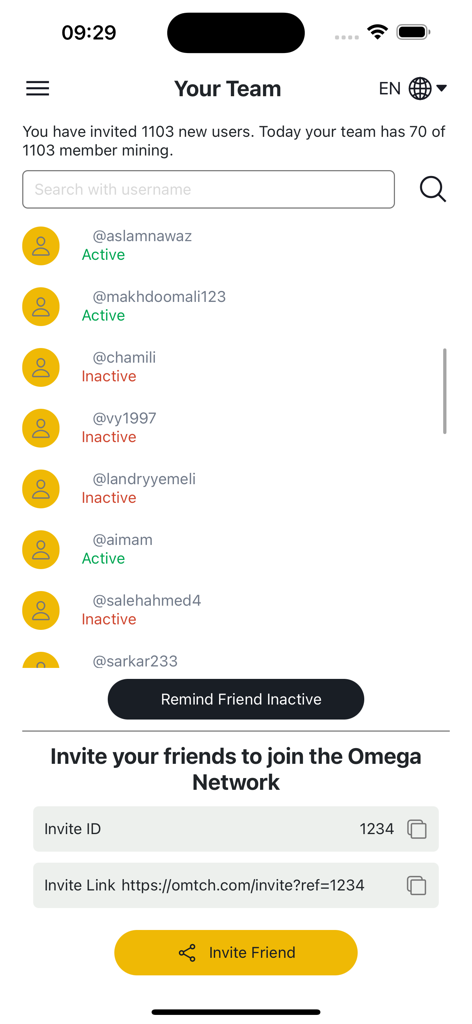The team management screen of Omega Network app displaying active mining members and referral invite options.