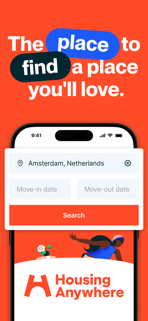 HousingAnywhere app home screen showing search for apartments in Amsterdam