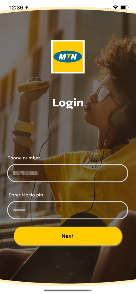 MTN MoMo Agent app login screen with phone number and PIN input fields