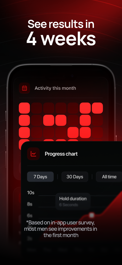 A screenshot of the Stamena app showing a monthly activity grid and a progress chart with the heading See results in 4 weeks.