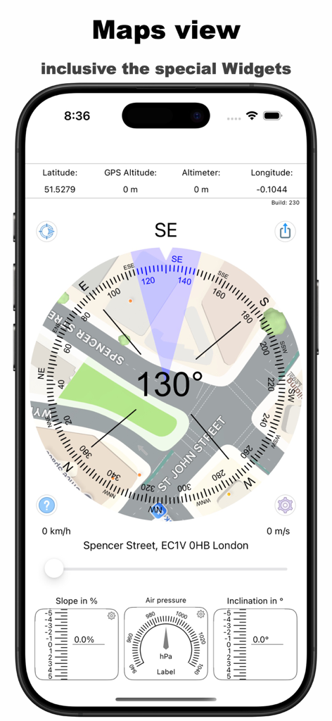 Aplicación de brújula profesional que muestra la vista del mapa con coordenadas de altitud y widgets ambientales