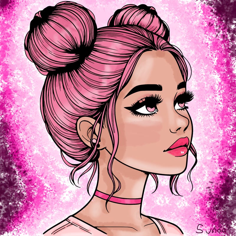 realistic girl with buns on the top of her head
