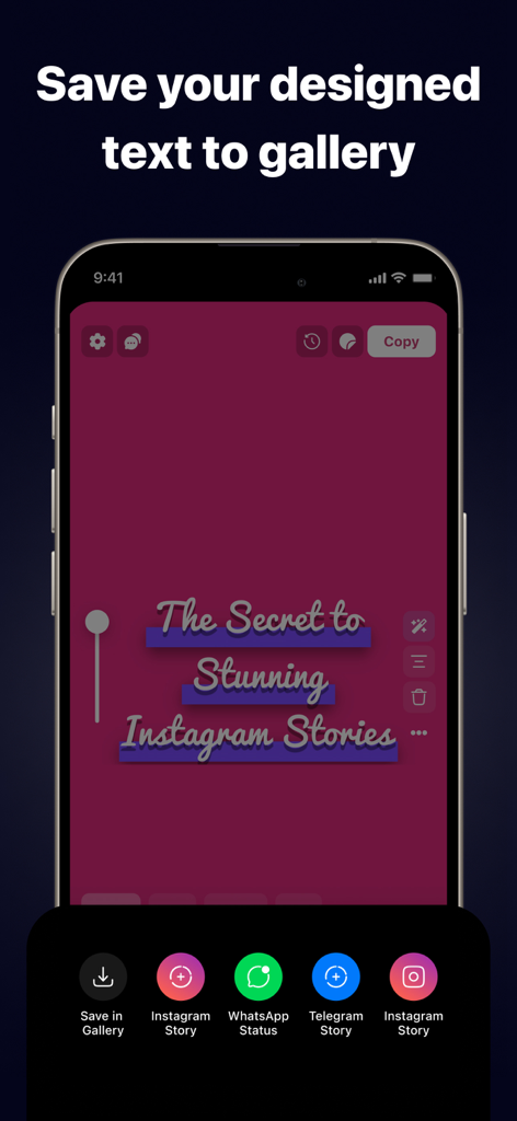 Mobile app interface showing options to save custom designed text to the gallery or share directly to Instagram and WhatsApp