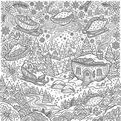 Step into a magical, snow-covered world where delicious pita breads become part of the scenery. This intricate coloring page offers teens a delightful challenge, blending winter charm with imaginative culinary fun.