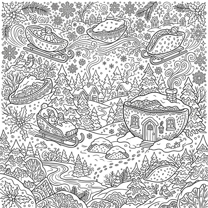 Step into a magical, snow-covered world where delicious pita breads become part of the scenery. This intricate coloring page offers teens a delightful challenge, blending winter charm with imaginative culinary fun.