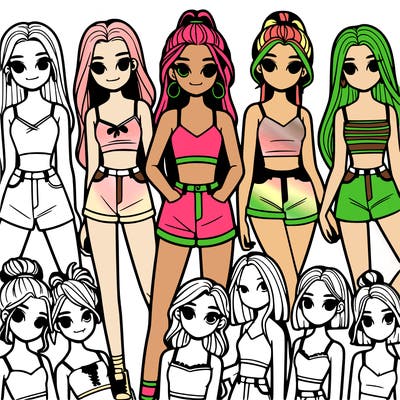 a group of girls wearing crop tops and shorts