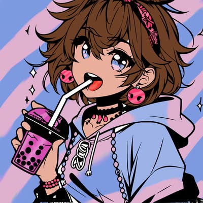 hot baddie anime girl drinking boba and biting the straw