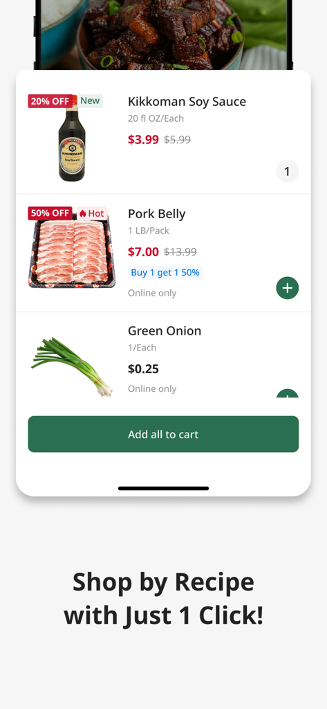 Interface do aplicativo 99 Ranch Market mostrando ingredientes como molho de soja e barriga de porco com um botão para adicionar tudo ao carrinho para uma receita específica