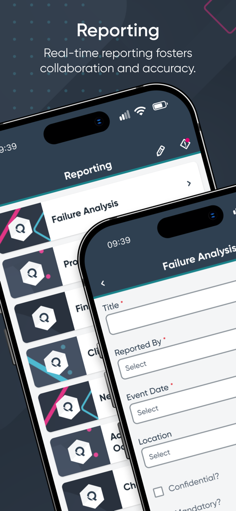 Ideagen Quality Management app interface showing the reporting feature and failure analysis form on mobile screens