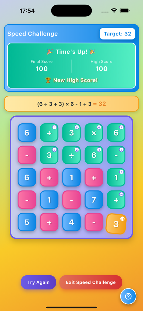 Math Quest: Brain Training - Pantalla de resultados del Desafío de Velocidad de Math Quest mostrando una puntuación de 100 y un puzzle aritmético resuelto en una cuadrícula colorida.