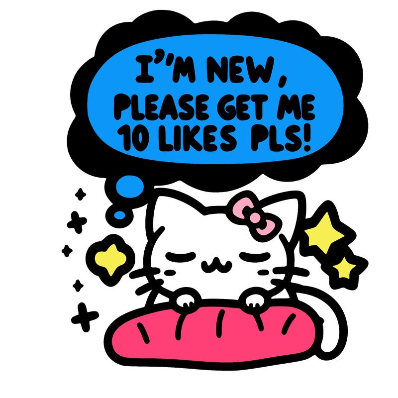 kitty taking a nap dream talking and saying "i'm new, please get me at least 10 likes pls!!"