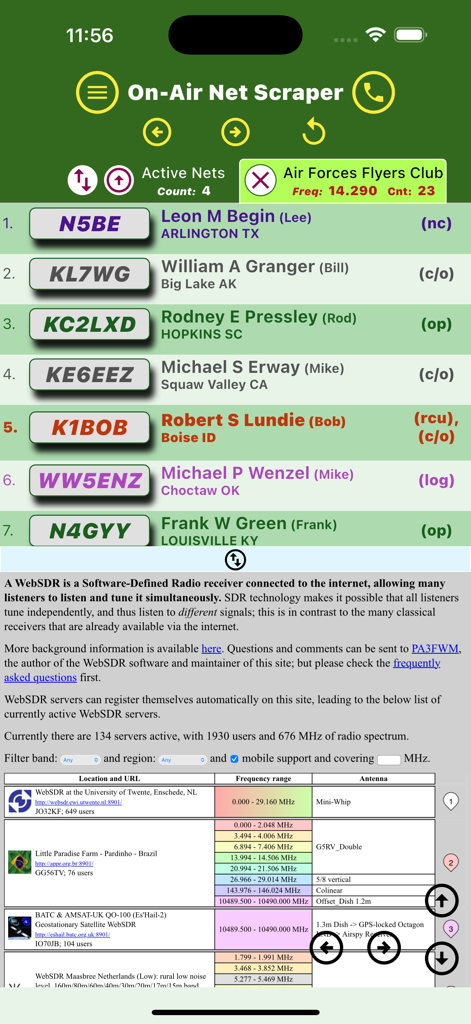 On-Air Net Scraper - A split screen view of the On-Air Net Scraper app showing amateur radio operator check-ins and WebSDR radio details