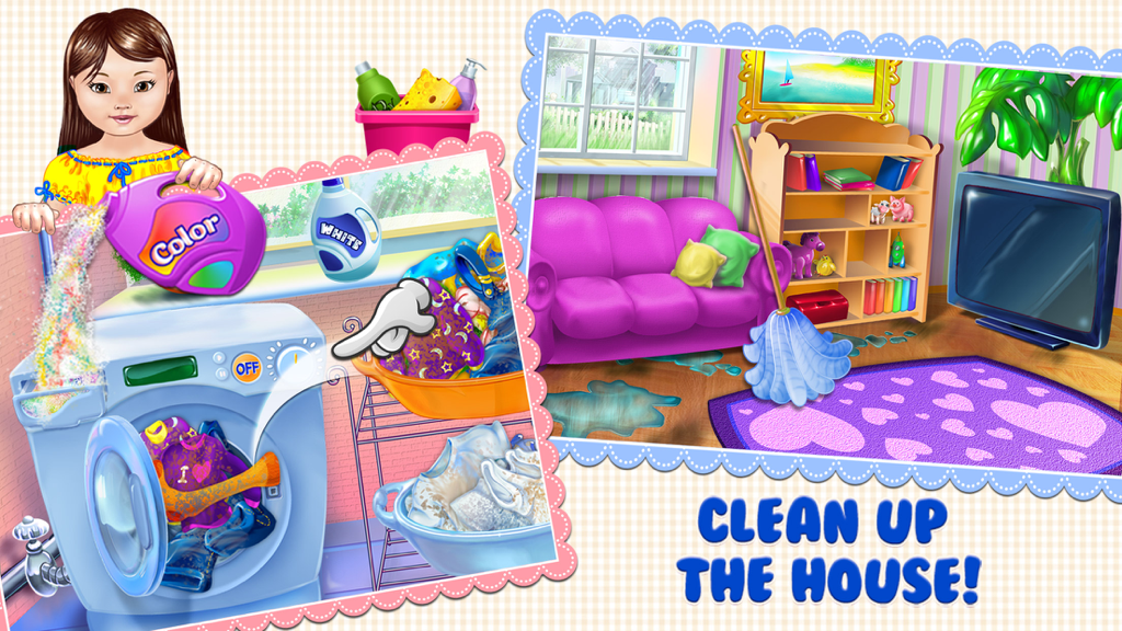 Gameplay scenes from Baby Dream House showing a girl doing laundry and a living room cleanup activity