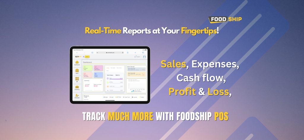 Foodship POS - Foodship POS dashboard showing real time sales and expense reports on an iPad