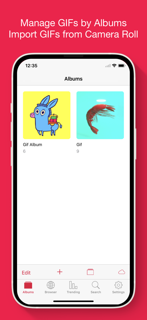 Gif Viewer & Player - iPhone screen showing the albums section of the Gif Viewer app with organized GIF collections