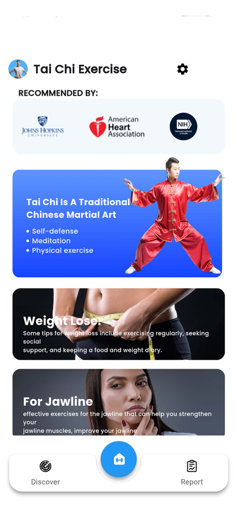 Home Workout: Tai Chi Exercise - Interfaz de la aplicación Home Workout Tai Chi Exercise mostrando secciones destacadas para pérdida de peso con artes marciales y ejercicios de línea de la mandíbula