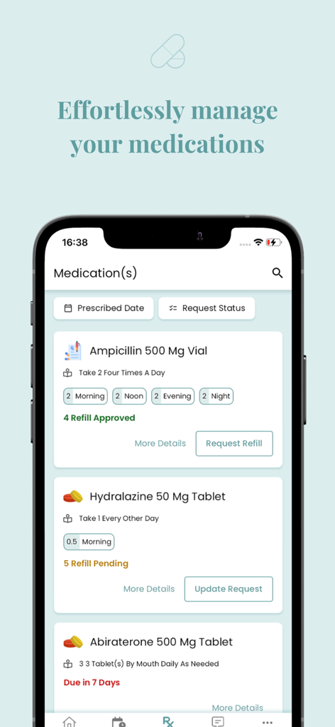 IMS Care - IMS Care app screen showing a list of medications with dosage instructions and refill request options