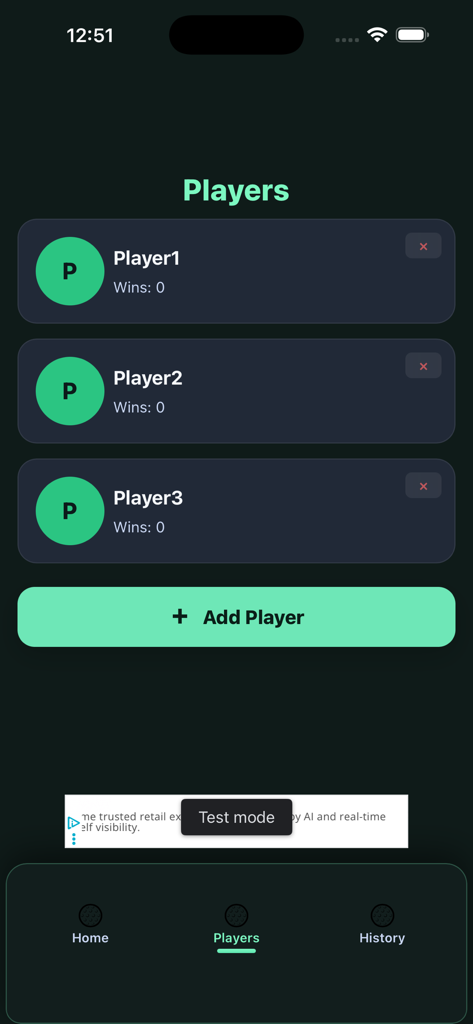 Mini Golf Score Tracker - Oberfläche zum Hinzufügen und Verwalten von Spielern in der Mini Golf Score Tracker App