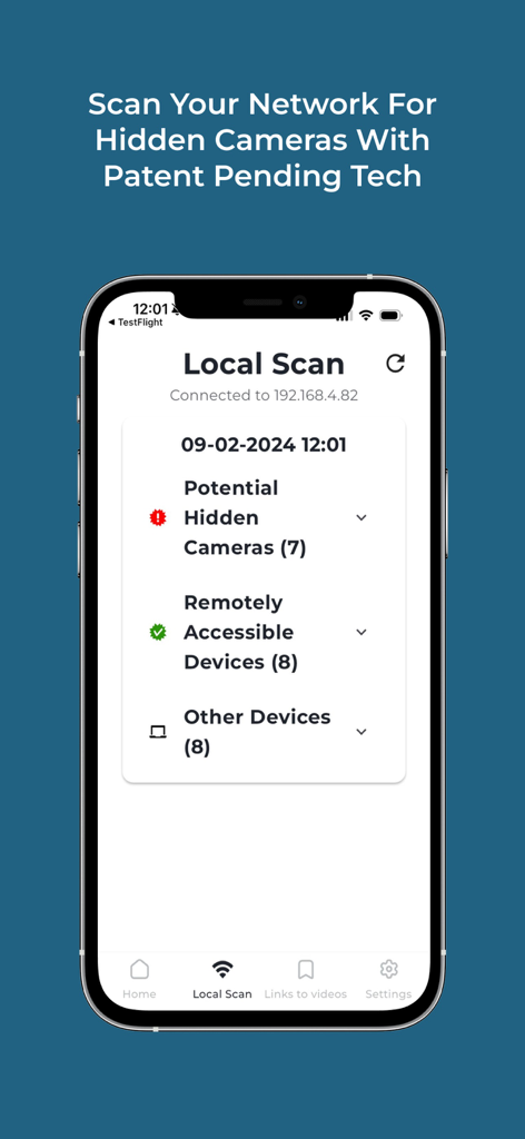Interface de scan réseau local de l'application Détecteur de Caméras Espionnes IA montrant des appareils cachés potentiels