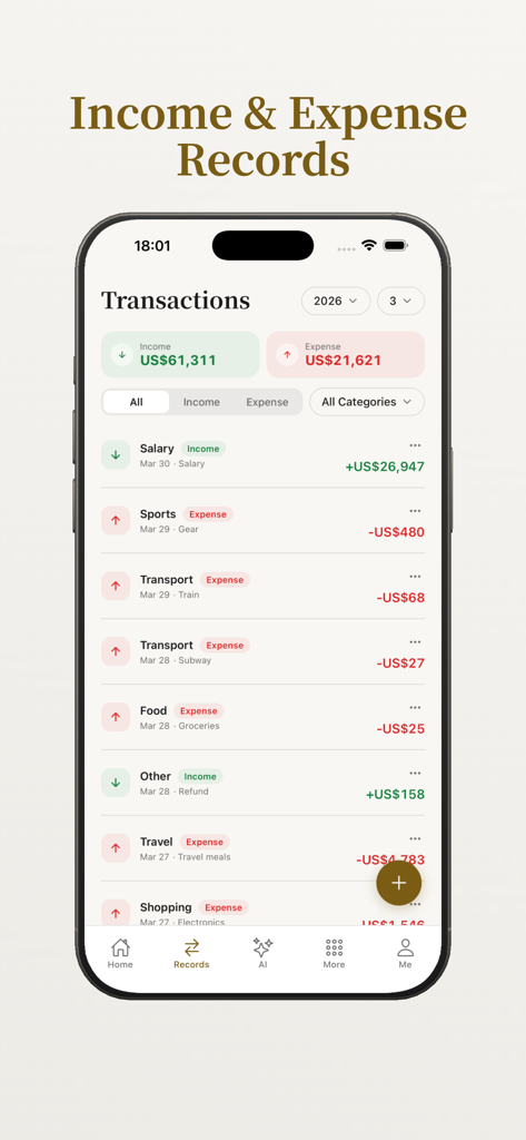 Cenno - Cenno app interface displaying categorized income and expense transaction records.