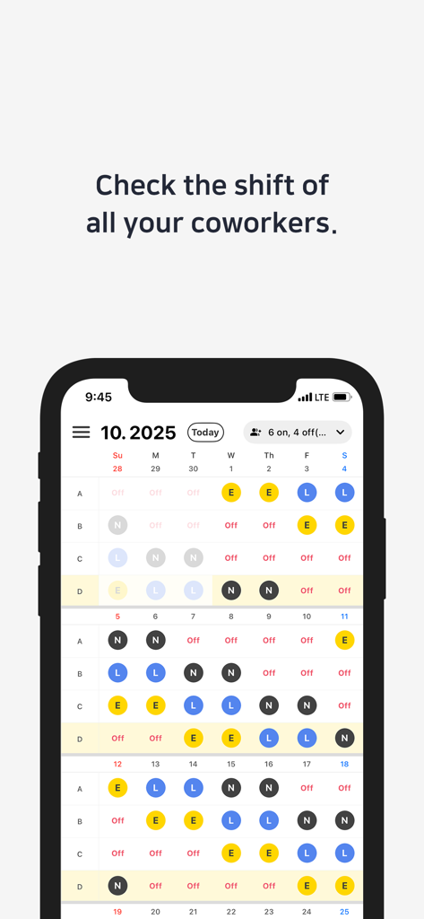 Interface do aplicativo Turno de Hoje exibindo um calendário codificado por cores para rastrear os horários de trabalho dos colegas.
