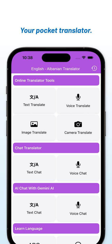 Menu principal de l'application de traduction anglais-albanais affichant les outils de traduction vocale, d'image et de caméra.