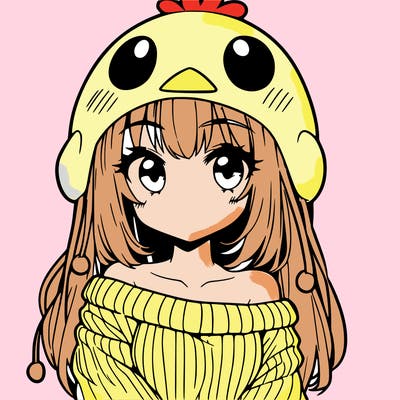 anime girl with chick shaped hat with sweater with bare shoulders with bangs covering them one eye with low tail