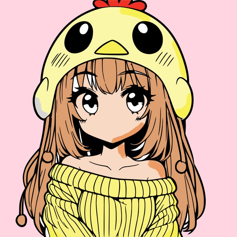 anime girl with chick shaped hat with sweater with bare shoulders with bangs covering them one eye with low tail