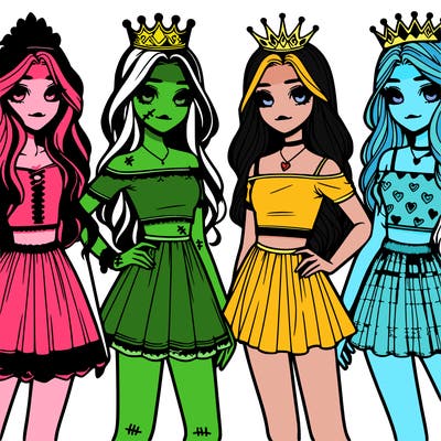 4 teens girls waering dresses 1 wearing a croptop with crowns long hair cute