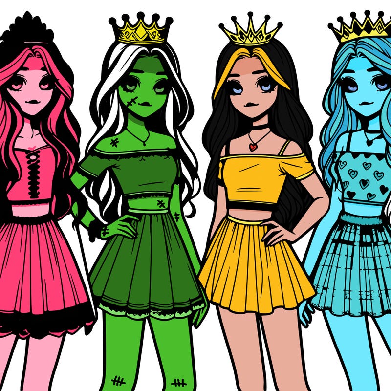 4 teens girls waering dresses 1 wearing a croptop with crowns long hair cute