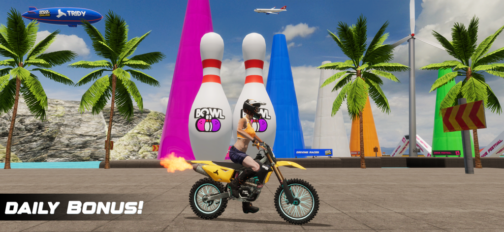 Drive Quest: Online - A yellow motocross bike in a stunt arena with giant bowling pins and colorful cones