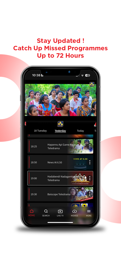 Dialog ViU app interface showing the 72 hour catch up feature with a list of Sri Lankan teledramas and news