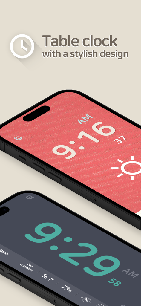 Red Clock - Weather & Alarm - Two iPhones displaying the Red Clock app with minimalist digital clock and weather themes in red and dark grey